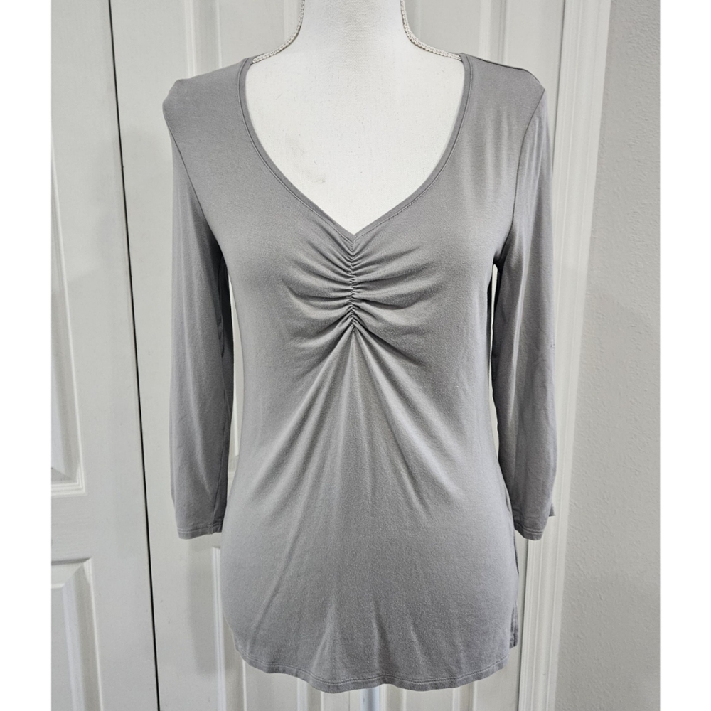 WHBM White House Black Market Gray Ruched V-Neck Long Sleeve Top Size Small